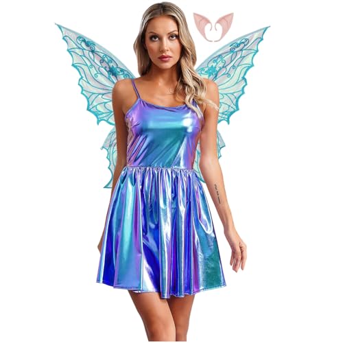 Rswnyirn Damen Metallic Feen Kostüm Elfen Rollenspiel Kostüm Minikleid A-Linien Kleid mit Flügel Fasching Halloween Kostüm Blau XXL Rswnyirn Damen Metallic Feen Kostüm Elfen Rollenspiel Kostüm Minikleid A-Linien Kleid mit Flügel Fasching Halloween Kostüm Blau XXL von Rswnyirn