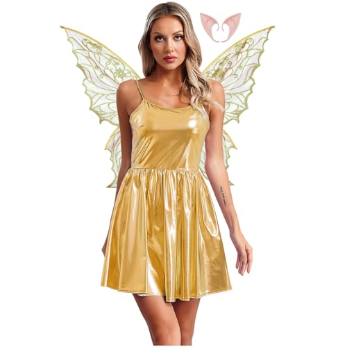 Rswnyirn Damen Metallic Feen Kostüm Elfen Rollenspiel Kostüm Minikleid A-Linien Kleid mit Flügel Fasching Halloween Kostüm Gold XL Rswnyirn Damen Metallic Feen Kostüm Elfen Rollenspiel Kostüm Minikleid A-Linien Kleid mit Flügel Fasching Halloween Kostüm Gold XL von Rswnyirn