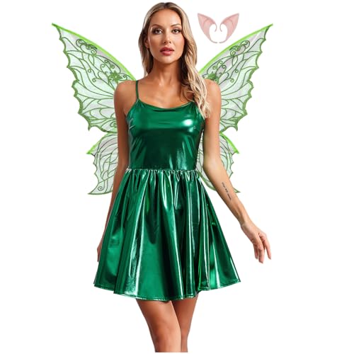 Rswnyirn Damen Metallic Feen Kostüm Elfen Rollenspiel Kostüm Minikleid A-Linien Kleid mit Flügel Fasching Halloween Kostüm Grün XXL Rswnyirn Damen Metallic Feen Kostüm Elfen Rollenspiel Kostüm Minikleid A-Linien Kleid mit Flügel Fasching Halloween Kostüm Grün XXL von Rswnyirn
