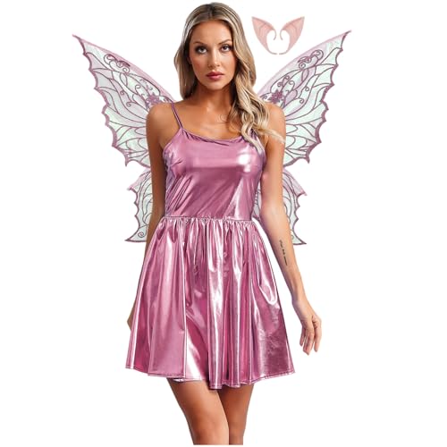 Rswnyirn Damen Metallic Feen Kostüm Elfen Rollenspiel Kostüm Minikleid A-Linien Kleid mit Flügel Fasching Halloween Kostüm Rosa XXL Rswnyirn Damen Metallic Feen Kostüm Elfen Rollenspiel Kostüm Minikleid A-Linien Kleid mit Flügel Fasching Halloween Kostüm Rosa XXL von Rswnyirn