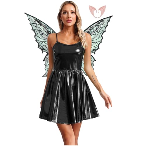 Rswnyirn Damen Metallic Feen Kostüm Elfen Rollenspiel Kostüm Minikleid A-Linien Kleid mit Flügel Fasching Halloween Kostüm Schwarz XXL Rswnyirn Damen Metallic Feen Kostüm Elfen Rollenspiel Kostüm Minikleid A-Linien Kleid mit Flügel Fasching Halloween Kostüm Schwarz XXL von Rswnyirn
