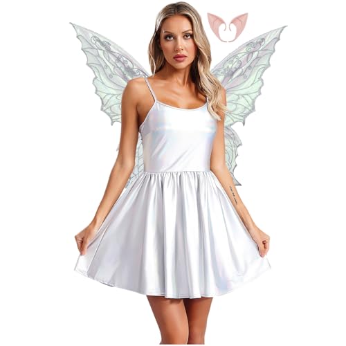 Rswnyirn Damen Metallic Feen Kostüm Elfen Rollenspiel Kostüm Minikleid A-Linien Kleid mit Flügel Fasching Halloween Kostüm Silber XXL Rswnyirn Damen Metallic Feen Kostüm Elfen Rollenspiel Kostüm Minikleid A-Linien Kleid mit Flügel Fasching Halloween Kostüm Silber XXL von Rswnyirn