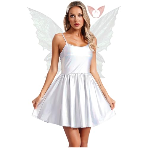 Rswnyirn Damen Metallic Feen Kostüm Elfen Rollenspiel Kostüm Minikleid A-Linien Kleid mit Flügel Fasching Halloween Kostüm Weiß XXL Rswnyirn Damen Metallic Feen Kostüm Elfen Rollenspiel Kostüm Minikleid A-Linien Kleid mit Flügel Fasching Halloween Kostüm Weiß XXL von Rswnyirn