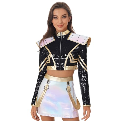Rswnyirn Damen Metallic Tanz Kostüm Zweiteiler Sängerin Rollenspiel Kostüm Langarm Top Minirock Halloween Party Show Outfit Schwarz XL Rswnyirn Damen Metallic Tanz Kostüm Zweiteiler Sängerin Rollenspiel Kostüm Langarm Top Minirock Halloween Party Show Outfit Schwarz XL von Rswnyirn