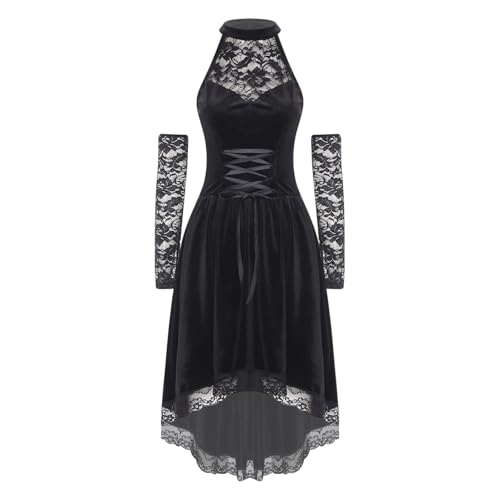 Rswnyirn Damen Mittelalter Kleidung Samt High Low Kleid Neckholder Partykleid mit Spitzen Handschuhe Halloween Hexe Teufel Kostüm Schwarz XXL Rswnyirn Damen Mittelalter Kleidung Samt High Low Kleid Neckholder Partykleid mit Spitzen Handschuhe Halloween Hexe Teufel Kostüm Schwarz XXL von Rswnyirn