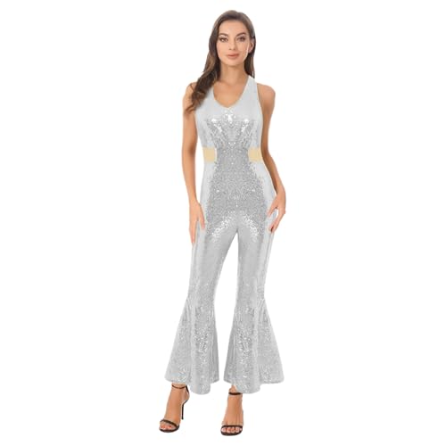 Rswnyirn Damen Pailletten Overall Lang Hosenanzug Einteiler Romper Ärmellos Vintage Disco Outfit Halloween Karneval Kostüm Silber M von Rswnyirn
