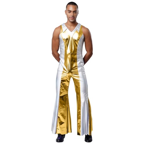Rswnyirn Herren Hippe Disco Kostüm Ärmellos Jumpsuit Lang Overall Anzug Schlaghose Shiny Vintage Halloween Mottoparty Silvester Kostüm Gold L von Rswnyirn