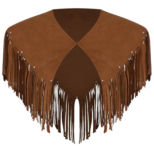 Rswnyirn Herren Hippe Kostüm Vintage Wildleder Fransen Poncho Umhang Cape Kurz Western Cowboy Oberteil Überwurf Halloween Kostüm Dunkelbraun XXL von Rswnyirn