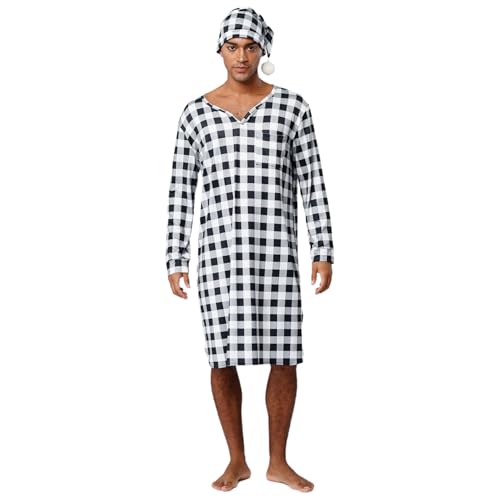 Rswnyirn Herren Kariert Nachthemd Lang Schlafhemd Langarm Robe mit Schlafmütze Loose Fit Pyjama Weihnachten Nachtwäsche Loungewear Schwarz M von Rswnyirn