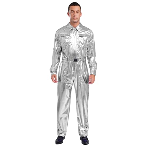Rswnyirn Herren Overall Jumpsuit Lang Gänzkörperanzug mit Gürtel Glänzend Anzug Mottoparty Rave Festival Outfits Fasching Karneval Kostüm Silber XL von Rswnyirn