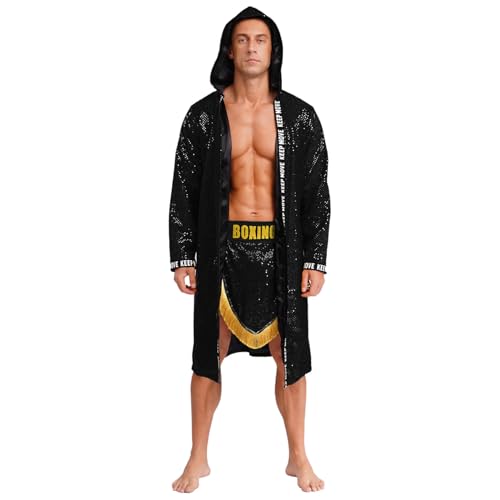 Rswnyirn Herren Pailletten Boxer Kostüm Kapuzenmantel Lang Robe mit Kampfshorts Glitzernder Trainingsanzug Rollenspiel Fasching Halloween Kostüm Schwarz XL Rswnyirn Herren Pailletten Boxer Kostüm Kapuzenmantel Lang Robe mit Kampfshorts Glitzernder Trainingsanzug Rollenspiel Fasching Halloween Kostüm Schwarz XL von Rswnyirn