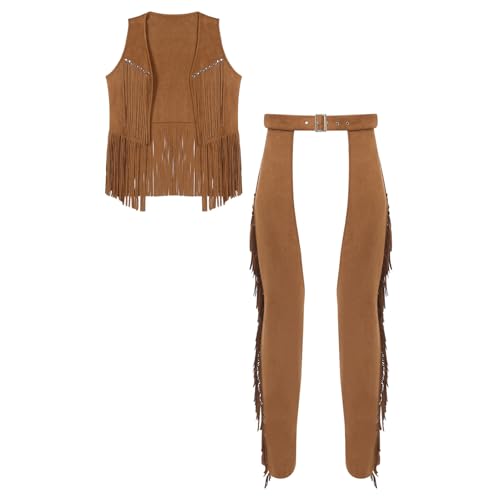 Rswnyirn Herren Vintage Wlidleder Weste Oberteil Chaps Hose Cowboyhose mit Quasten Western Reiter Kostüm Fasching Karneval Mottoparty Braun XL Rswnyirn Herren Vintage Wlidleder Weste Oberteil Chaps Hose Cowboyhose mit Quasten Western Reiter Kostüm Fasching Karneval Mottoparty Braun XL von Rswnyirn