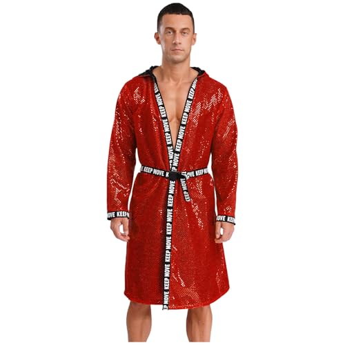 Rswnyirn Pailletten Boxer Mantel Lang Cover Up Kimono Robe Langarm Kapuzenmantel Glitzer Muay Thai Kickboxer Kleidung Rot M von Rswnyirn