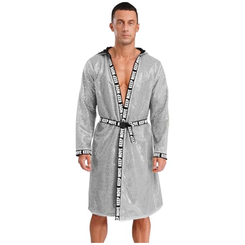 Rswnyirn Pailletten Boxer Mantel Lang Cover Up Kimono Robe Langarm Kapuzenmantel Glitzer Muay Thai Kickboxer Kleidung Silber 3XL von Rswnyirn
