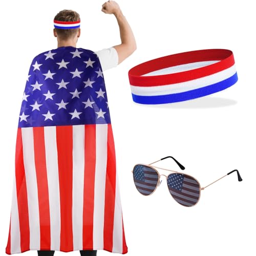 Rthjsfj 3-teiliges Set mit Sonnenbrille und Stirnband mit amerikanischer Flagge, 4. Juli, Outfits für Männer und Frauen, rot-weiß und blau, patriotisches Kostümzubehör für Unabhängigkeitstag von Rthjsfj