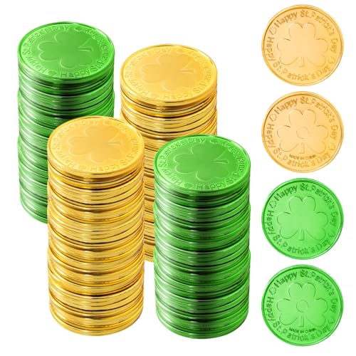 Rthjsfj St. Patrick's Day-Münzen, Grün und Gold, Glücksmünzen, Kunststoff, Kleeblatt-Münzen für Partygeschenke, Dekorationen (Gold und Grün), 100 Stück von Rthjsfj