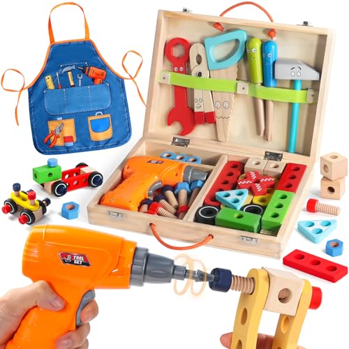 Rtomry Spielzeug ab 3 Jahre Werkzeugkoffer Kinder Montessori Spielzeug ab 3 Jahre Junge Mädchen Holzspielzeug mit Akkuschrauber & Schürze Role Play Werkzeugkasten Geschenke für Kinder von Rtomry