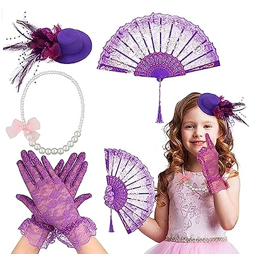 Ruarby 4-teiliges Teeparty-Kostüm-Zubehör für Mädchen, inklusive Halloween-Fascinator-Hut und kurzen Spitzenhandschuhen, Kunstperlen-Halskette von Ruarby