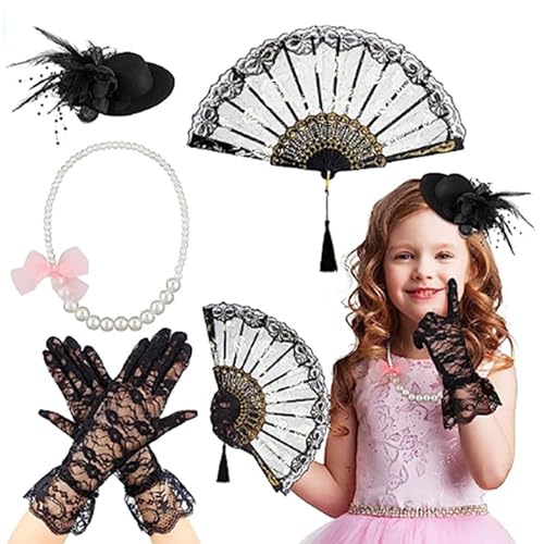 Ruarby 4-teiliges Teeparty-Kostüm-Zubehör für Mädchen, inklusive Halloween-Fascinator-Hut und kurzen Spitzenhandschuhen, Kunstperlen-Halskette von Ruarby