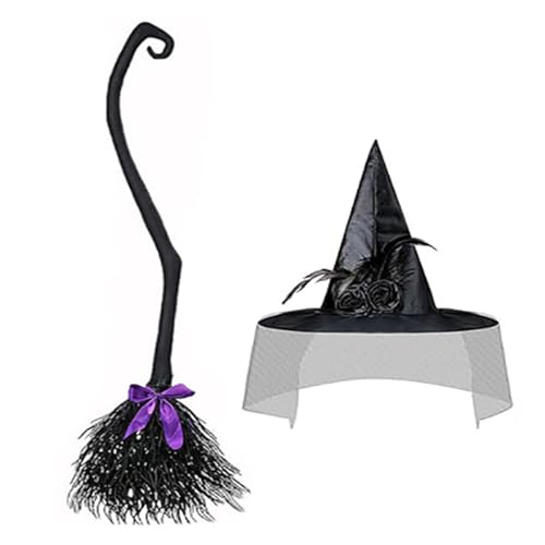 Ruarby Halloween Hexe Cosplay Set Hexenhüte Hexenbesen Halloween Party Requisiten Fliegende Besen Spitz Hexenhüte von Ruarby