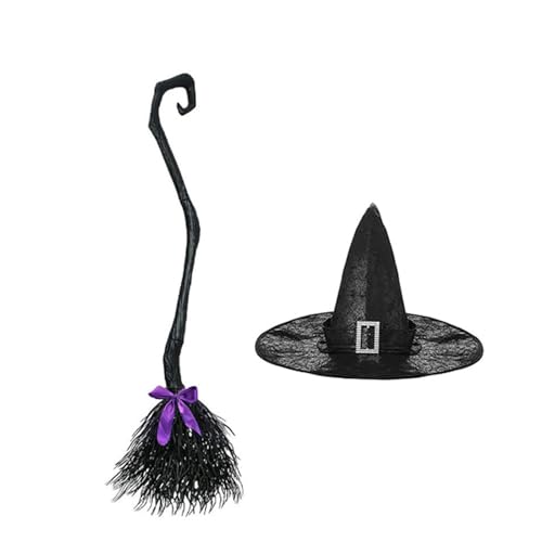 Ruarby Halloween Hexe Cosplay Set Hexenhüte Hexenbesen Halloween Party Requisiten Fliegende Besen Spitz Hexenhüte von Ruarby