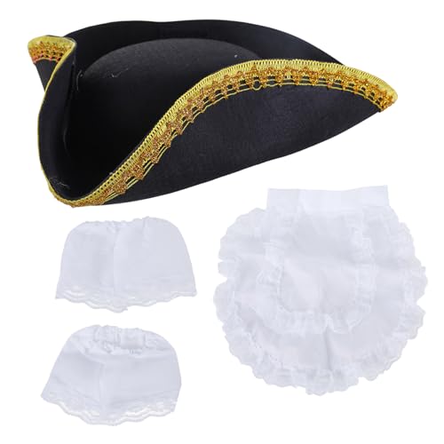 Ruarby Schwarzer Piratenhut, Kolonial-Tripornhut mit goldfarbenem Rand, weiße Manschette, Schürze, Set, Halloween-Kostüm, Hut, lustiger Partyhut Ruarby Schwarzer Piratenhut, Kolonial-Tripornhut mit goldfarbenem Rand, weiße Manschette, Schürze, Set, Halloween-Kostüm, Hut, lustiger Partyhut von Ruarby