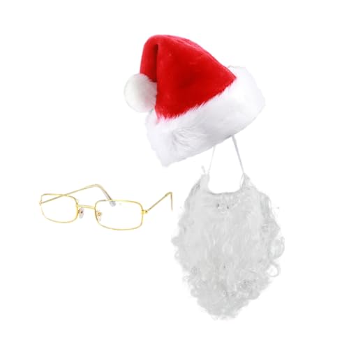 Ruarby Weihnachtsmann-Kostüm-Zubehör, Hut, Bart, Brille, Haare für Männer und Frauen, Weihnachtsfotografie, weißer Bart für Erwachsene von Ruarby
