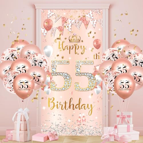 55.Geburtstagsdeko Frauen,Roségold 55 Banner mit Luftballons,55.Geburtstag Dekoration für 55 Jahre Frauen 55th Happy Birthday Geburtstags Hintergrund Türbanner 55.Ballon Jubiläum Geburtstag Party Deko von Ruarruly