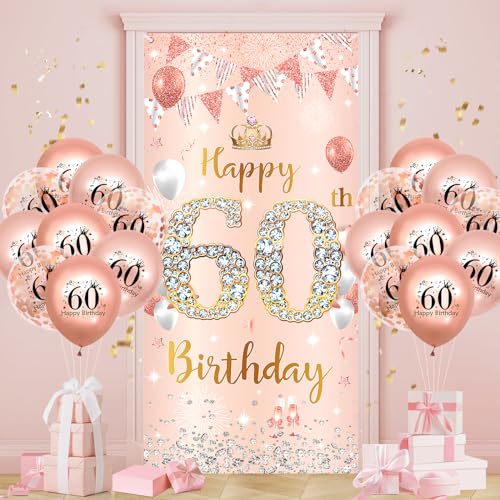 60.Geburtstagsdeko Frauen Roségold Gold 60 Banner mit Luftballons, 60.Geburtstag Dekoration 60 Jahre 60th Birthday Geburtstags Hintergrund Türbanner 60. Ballon Jubiläum Geburtstag Party Deko von Ruarruly