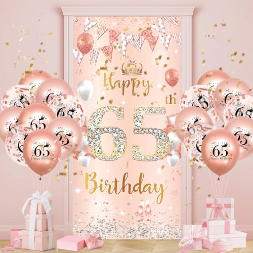 65.Geburtstagsdeko Frauen,Roségold 65.Banner mit Luftballons,65.Geburtstag Dekoration für 65 Jahre Frauen 65th Happy Birthday Geburtstags Hintergrund Türbanner 65.Ballon Jubiläum Geburtstag Party Deko von Ruarruly