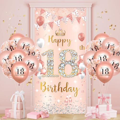 18.Geburtstagsdeko Frauen Roségold Gold 18 Banner Luftballons 18.Geburtstag Dekoration 18.Frauen Mädchen 18th Birthday Geburtstags Hintergrund Türbanner 18.Ballon Jubiläum Geburtstag Party Deko von Ruarruly