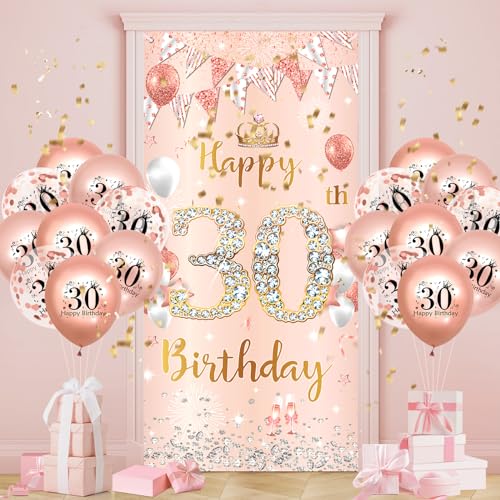 30.Geburtstagsdeko Frauen, Roségold Banner mit Luftballons,30.Geburtstag Dekoration für 30 Jahre Frauen 30th Happy Birthday Geburtstags Hintergrund Türbanner 30. Ballon Jubiläum Geburtstag Party Deko von Ruarruly