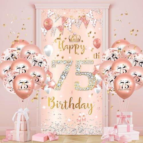 75.Geburtstagsdeko Frauen,Roségold 75 Banner mit Luftballons,75.Geburtstag Dekoration für 75 Jahre Frauen 75th Happy Birthday Geburtstags Hintergrund Türbanner 75.Ballon Jubiläum Geburtstag Party Deko von Ruarruly