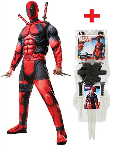 Herren Muskel Deadpool Kostüm Plus Gratis Offizielles Waffen-Kit alle Größen von Rubie's
