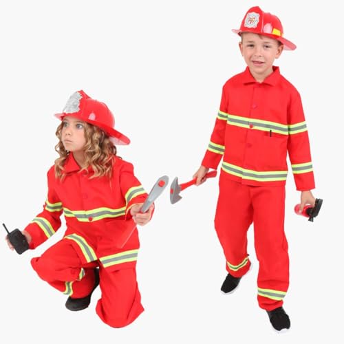 RUBIE'S Komplettes Feuerwehrmann-Kostüm - Größe 3-10 Jahre - Dieses komplette Feuerwehrmann-Kostüm mit langärmeliger Jacke, Hose, Feuerwehrhelm, Feuerlöscher, Walkie-Talkie und Axt. von RUBIE'S