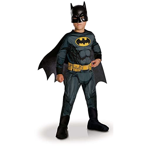 RUBIES - Offizielles DC - BATMAN - Klassisches Kostüm für Kinder - Größe 5-6 Jahre - Kostüm mit bedrucktem Overall, Gürtel, Stiefelüberzügen, abnehmbarem Umhang und Maske - Halloween, Karneval von RUBIE'S