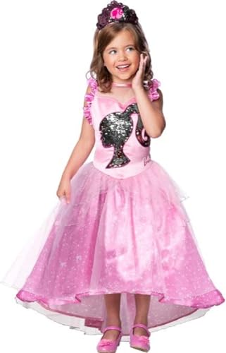 Rubies Barbie-Kostüm, offizielles Barbie-Kleid, luxuriös, Prinzessin, Pailletten, für Kinder, Größe 3 – 4 Jahre, Kostüm mit Kleid, Bustier und Diadem Rosa von Rubie's