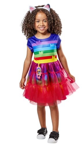Rubies Gabbys Dollhouse Rainbow Kostüm für Mädchen, Regenbogenkleid mit bedruckten Details und Haarreif mit Ohren, offizielles Gabby Dollhouse für Karneval, Weihnachten, Geburtstag, XXS (3-5 Jahre) von Rubie's