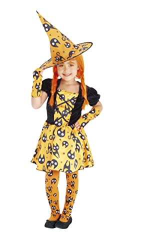 Rubies Hexe Mininos Orange Mädchen Kostüm Hexe Kleid Orange mit Kätzchen Muster und passendem Hut Original Halloween Karneval Geburtstag S8680-M von Rubie's