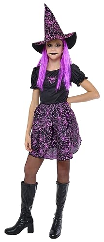 Rubies Hexenkostüm Spiderweb Neo Rosa für Mädchen, Kleid Glow in Dark und Hut, offizielle Rubies für Halloween, Karneval, Geburtstag und Party von Rubie’s