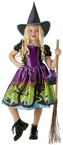 Rubies Hexenkostüm für Mädchen, schwarzer Mond, bedrucktes Kleid, Hut und Tasche, offizielle Rubies für Halloween, Karneval, Geburtstage und Partys von Rubie’s