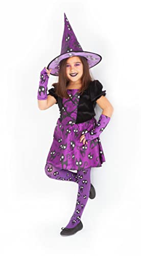 Rubies lila Minini Hochzeitskostüm für Mädchen, lila Hexenkleid mit Kätzchen-Print und passendem Hut, Original, Halloween, Karneval und Geburtstag, Größe L von Rubies