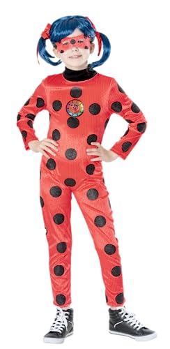 Rubies Miraculous Ladybug Premium-Kostüm für Mädchen, Samt-Jumpsuit mit glitzernden Punkten, Lentikular-Abzeichen und Maske, Offizieller Zag für Karneval, Geburtstag, Weihnachten und Halloween von Rubie’s