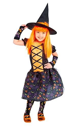 Rubie's Moonlight Orange Hexe Mädchen Kleid Lila Hut und Strumpfhosen Original Halloween Karneval Geburtstag von Rubie's