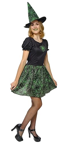 Rubies Spiderweb Neon Hexe Kostüm für Damen Kleid und Hut Grün für Halloween, Karneval, Party und Cosplay von Rubies