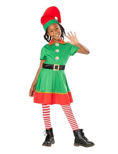 Rubies Weihnachtselfenkostüm für Mädchen, Kleid, Gürtel, Strumpfhosen und Mütze, Elf, Elfe, für Weihnachten, Schulaufgaben, Partys, Weihnachtsmann (Größe XS 5-6 Jahre) von Rubies