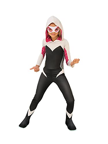 Rubies Spider Gwen Classic Mädchen Jumpsuit mit angebrachter Kapuze, Stiefelüberzug und Augenmaske, offizielles Marvel-, Spider-Mann-Kostüm, für Karneval, Halloween, Weihnachten und Geburtstag von Rubies