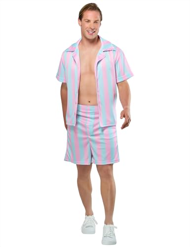 Rubies Barbie Movie Beach Ken gestreifte Shorts und Hemd, Kostüm in Rosa und Hellblau, für erwachsene Männer, wie abgebildet, Large von Rubies