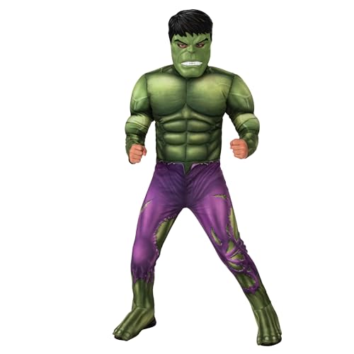 Rubies Deluxe Hulk Kostüm für Kinder, Jumpsuit mit gepolsterter Brust, Stiefelstulpen und Maske, offizielles Marvel-Kostüm für Karneval, Weihnachten, Geburtstag, Party und Halloween von Rubies