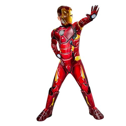 Rubies Iron Man-Kostüm für Jungen und Mädchen, Jumpsuit mit 3D-Rüstung und Reaktor, Stiefelstulpen, Maske und Handschuhe, offizielles Marvel-Kostüm für Karneval, Halloween, Geburtstag, Weihnachten von Rubies